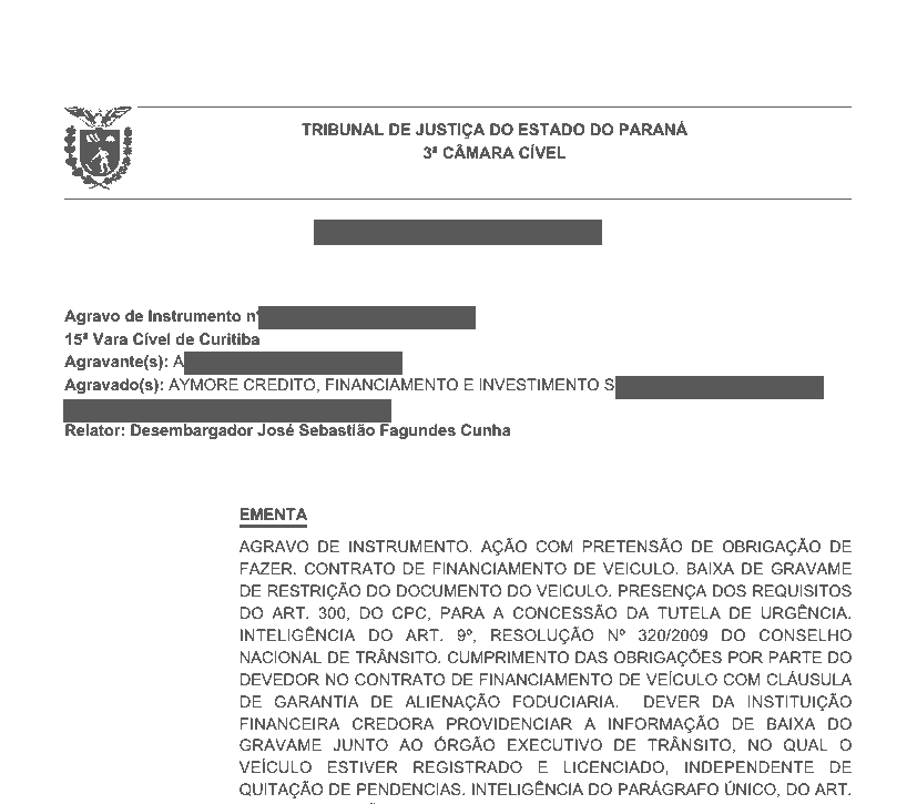 Trecho anonimizado do acórdão do TJPR concedendo liminar contra Aymoré e Santander para baixa de gravame em 10 dias com multa diária de R$ 500, caso da 15ª Vara Cível de Curitiba