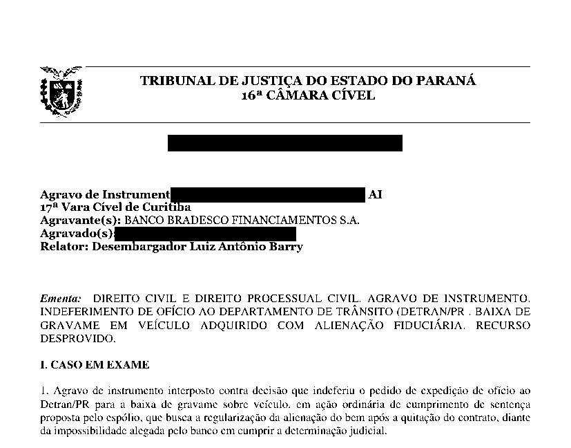 Trecho anonimizado do acórdão da 16ª Câmara Cível do TJPR mantendo a obrigação do Bradesco Financiamentos de baixar gravame mesmo com a falência da financeira original
