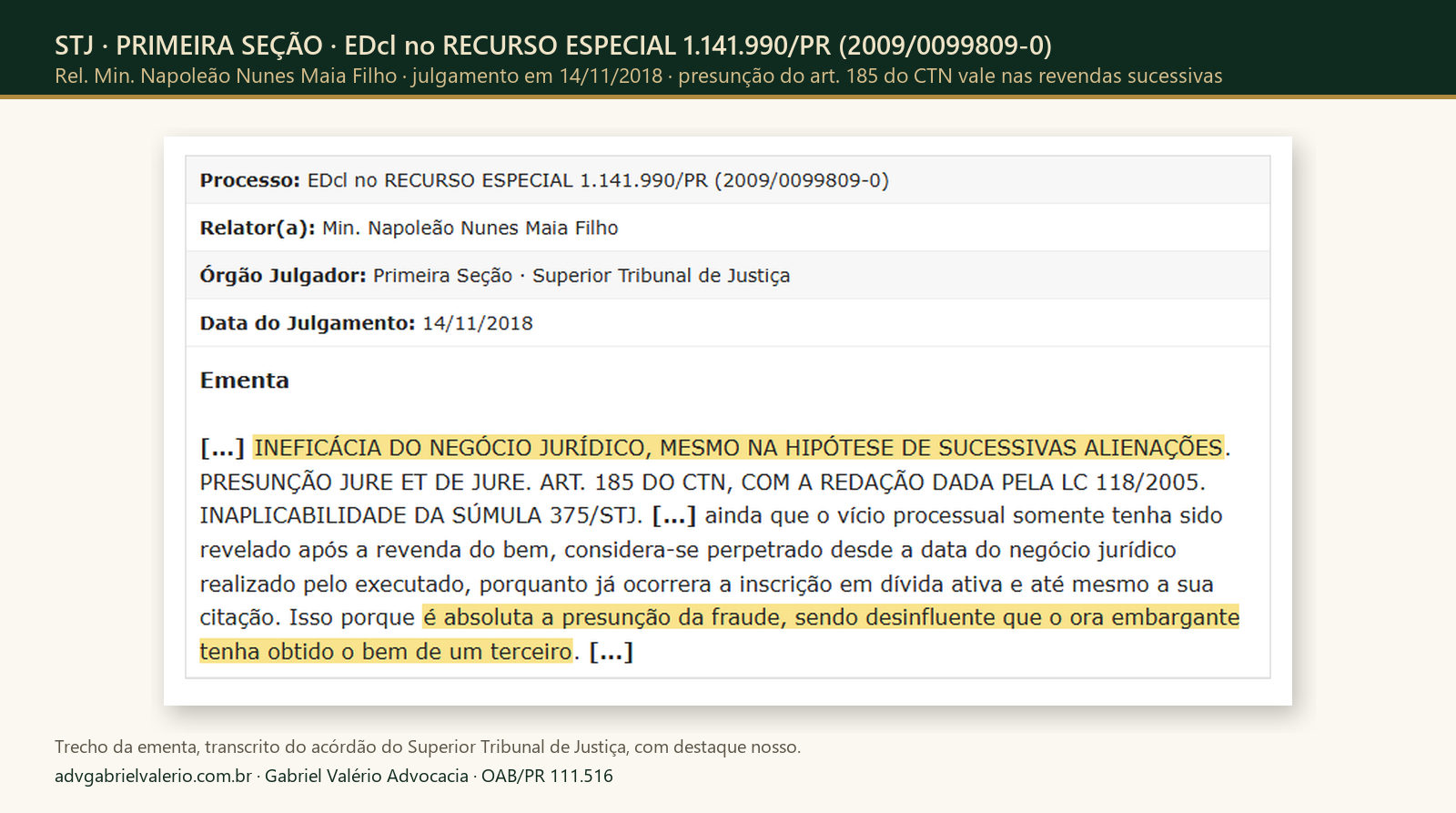Trecho da ementa: STJ, PRIMEIRA SEÇÃO, EDcl no RECURSO ESPECIAL 1.141.990/PR (2009/0099809-0). Presunção do art. 185 do CTN vale nas revendas sucessivas.