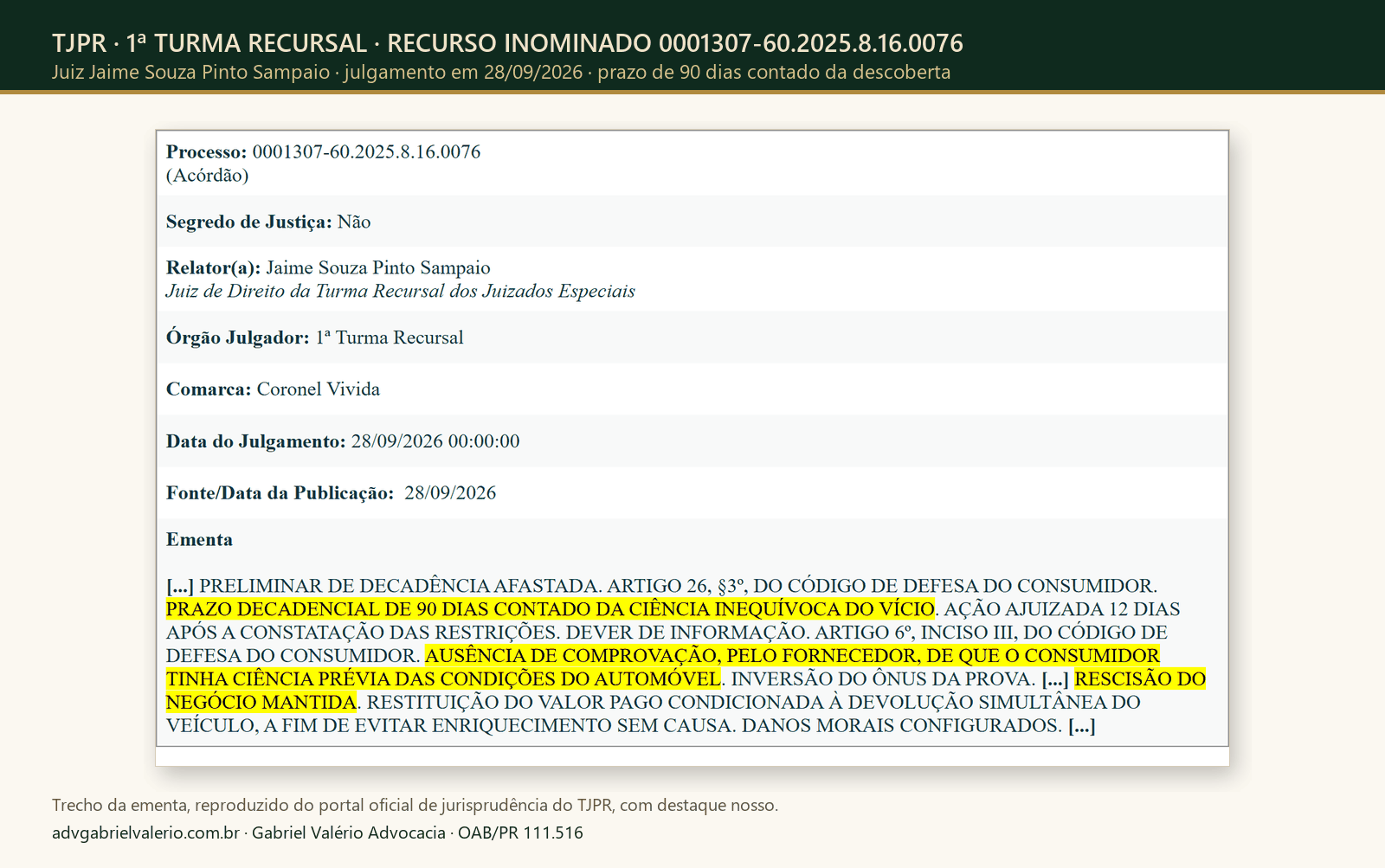 Trecho da ementa do acórdão do TJPR, 1ª Turma Recursal, RI 0001307-60.2025.8.16.0076: prazo de 90 dias contado da ciência do vício, inversão do ônus da prova e rescisão do negócio