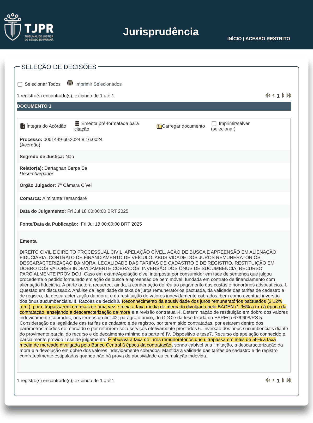 Print do portal de jurisprudência do TJPR: acórdão da 7ª Câmara Cível em busca e apreensão do Banco Daycoval em Almirante Tamandaré, juros de 3,12% ao mês contra média de 1,96%, mora descaracterizada