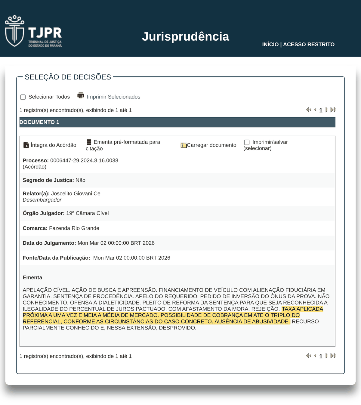 Print do portal de jurisprudência do TJPR: 19ª Câmara Cível mantém busca e apreensão do Banco Daycoval em Fazenda Rio Grande, taxa próxima de uma vez e meia a média considerada não abusiva, cobrança possível até o triplo