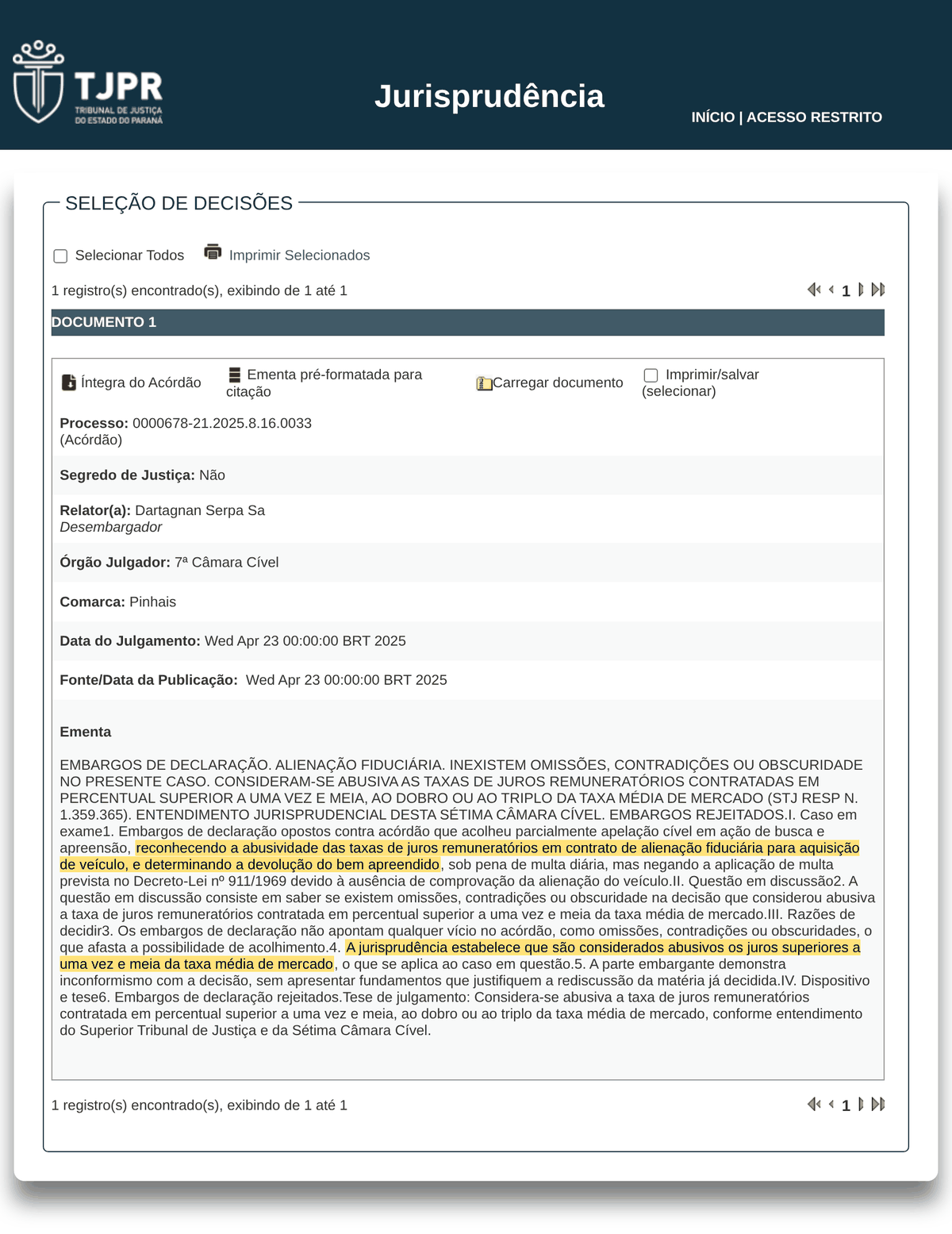 Print do portal de jurisprudência do TJPR: embargos de declaração do Banco Daycoval rejeitados pela 7ª Câmara Cível em busca e apreensão de Pinhais, juros acima de uma vez e meia a taxa média, devolução do veículo