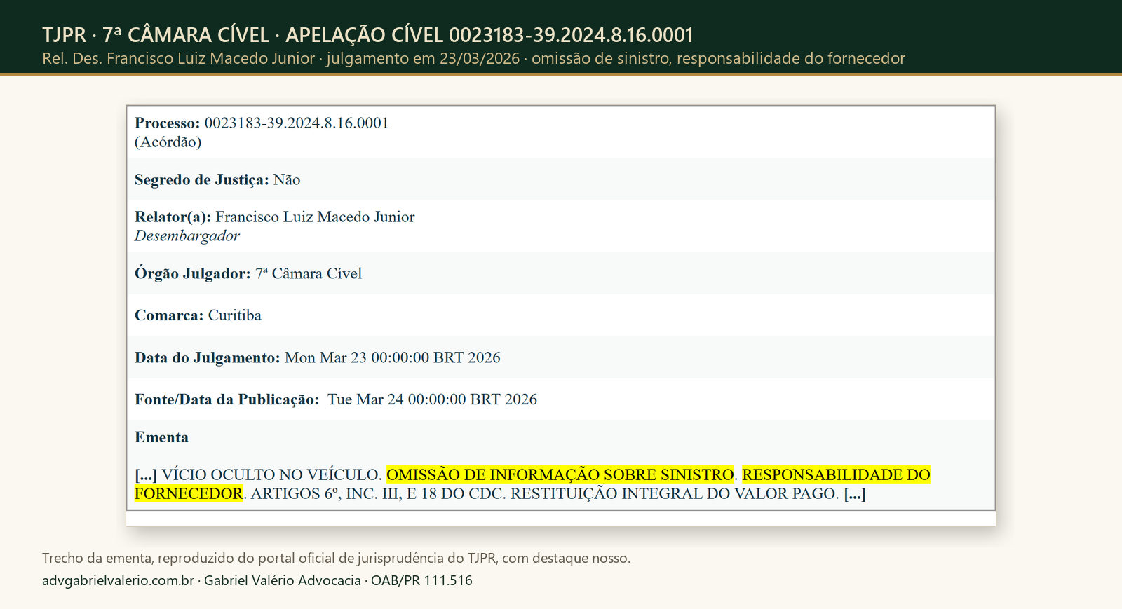 Trecho da ementa: TJPR, 7ª CÂMARA CÍVEL, APELAÇÃO CÍVEL 0023183-39.2024.8.16.0001. Omissão de sinistro, responsabilidade do fornecedor.