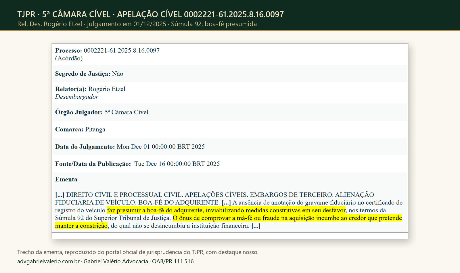 Trecho da ementa: TJPR, 5ª CÂMARA CÍVEL, APELAÇÃO CÍVEL 0002221-61.2025.8.16.0097. Súmula 92, boa-fé presumida.