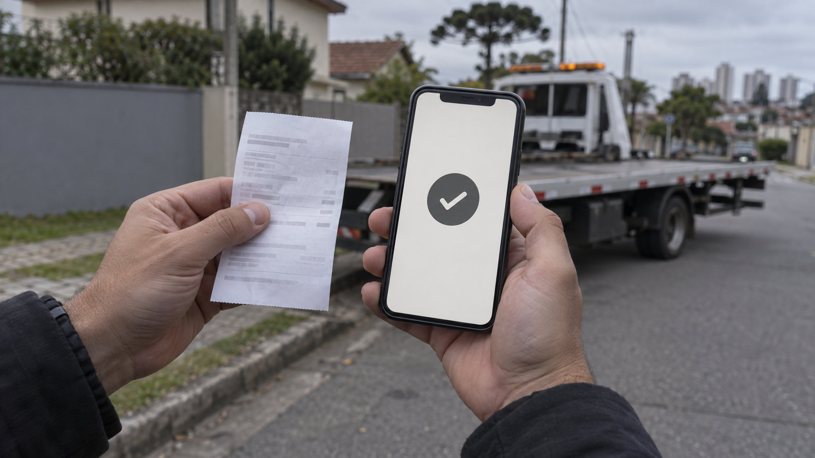 Mãos segurando comprovante de pagamento e celular, com guincho desfocado ao fundo
