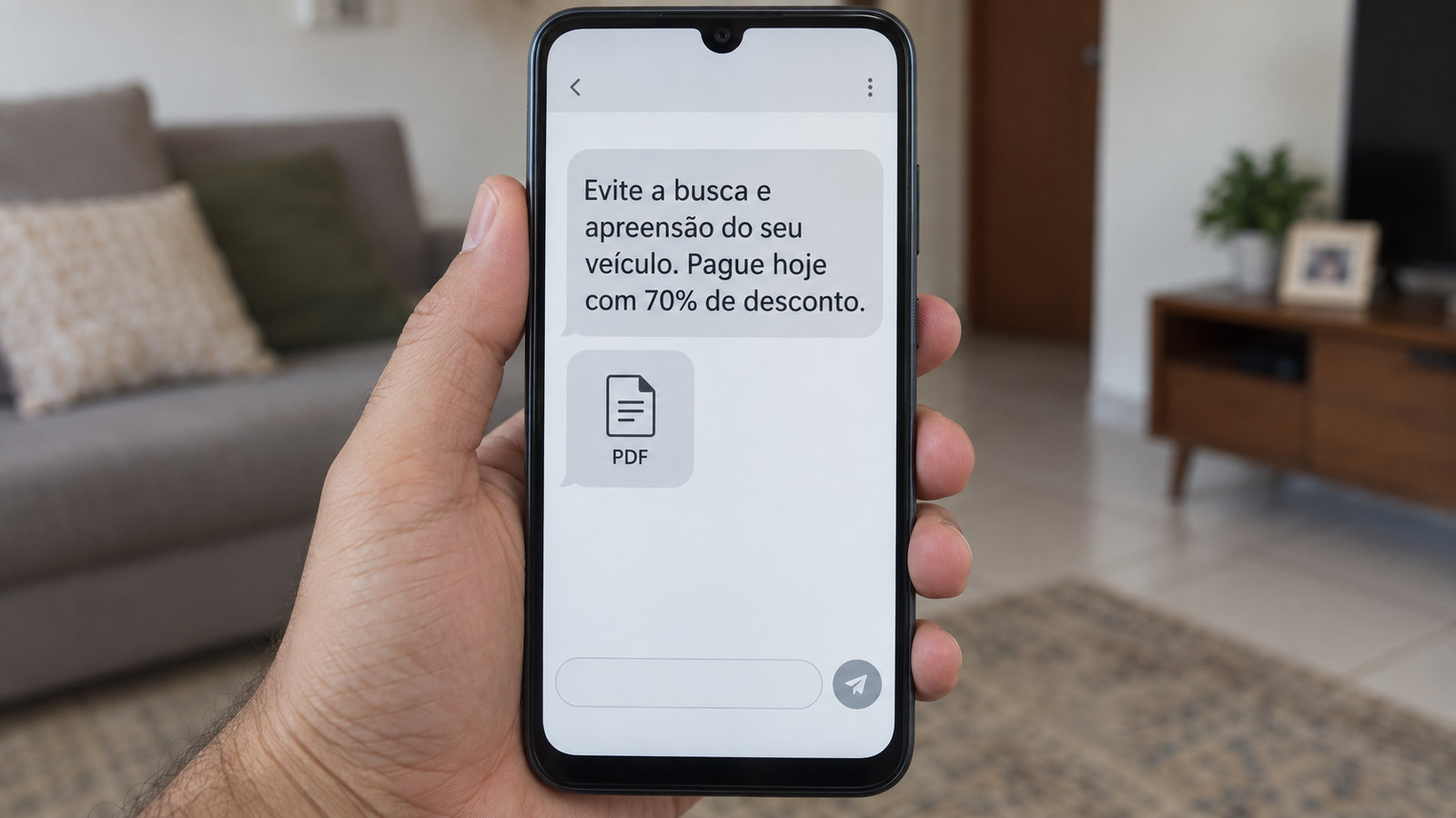 Celular com mensagem oferecendo desconto para evitar a busca e apreensão do carro