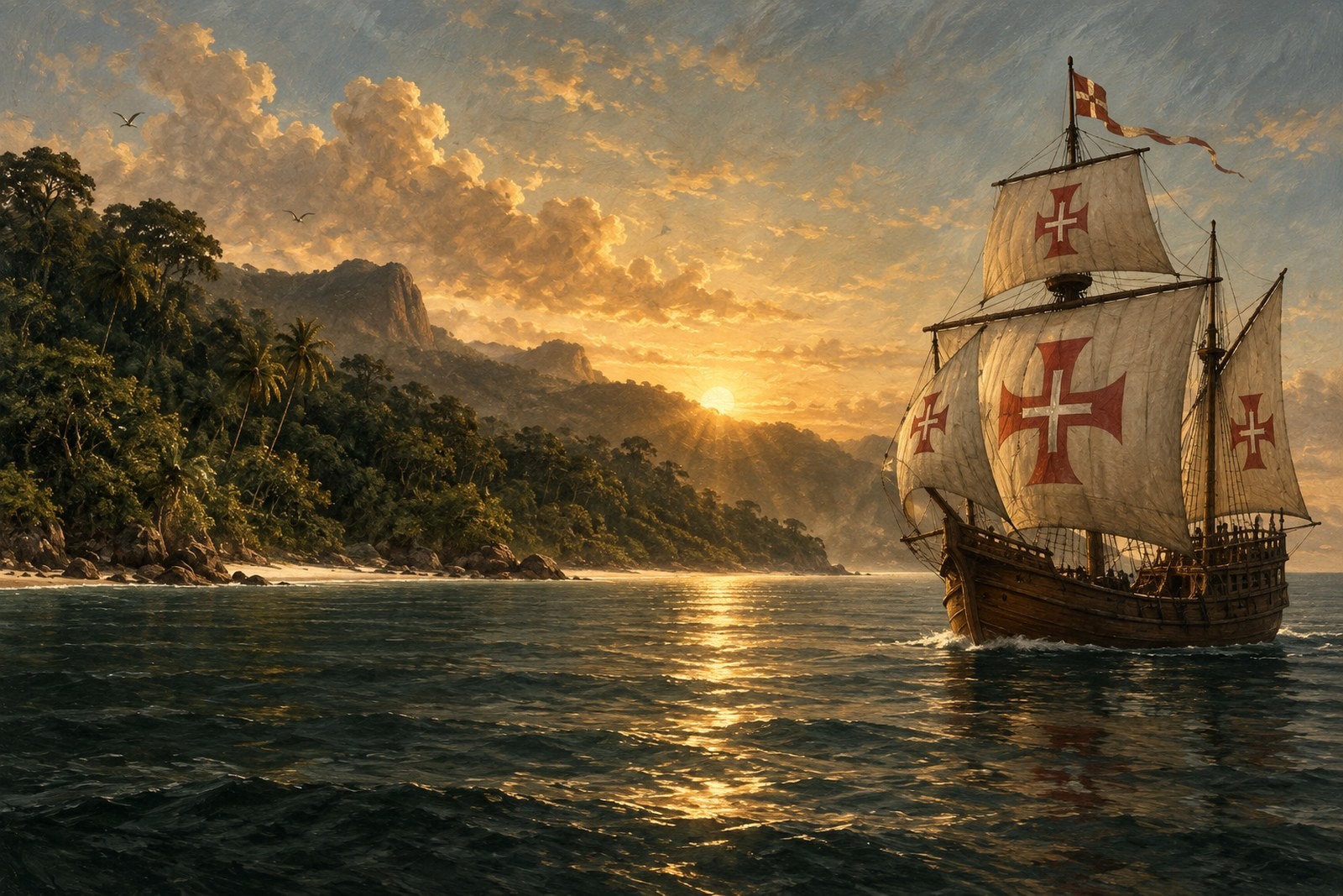 Pintura de uma caravela portuguesa com a cruz da Ordem de Cristo nas velas, ao amanhecer, diante da costa da mata atlântica