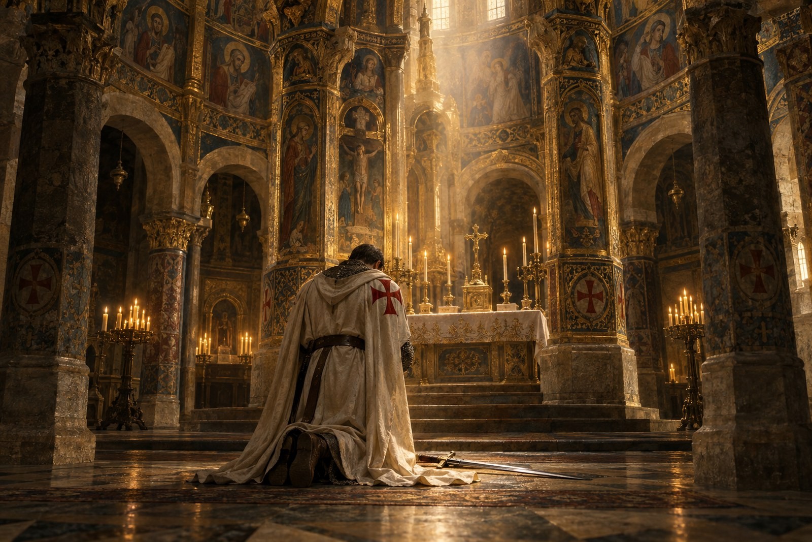 Pintura de um cavaleiro de manto branco com a cruz vermelha, ajoelhado em oração diante do altar na Charola do Convento de Cristo, em Tomar
