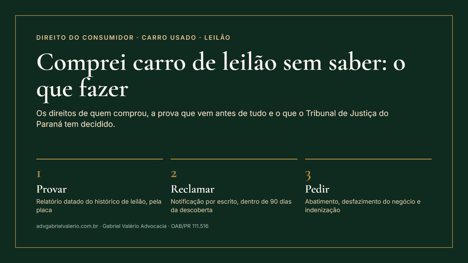 Capa: comprei carro de leilão sem saber, o que fazer; três passos: provar com relatório pela placa, reclamar por escrito em 90 dias e pedir abatimento, desfazimento ou indenização