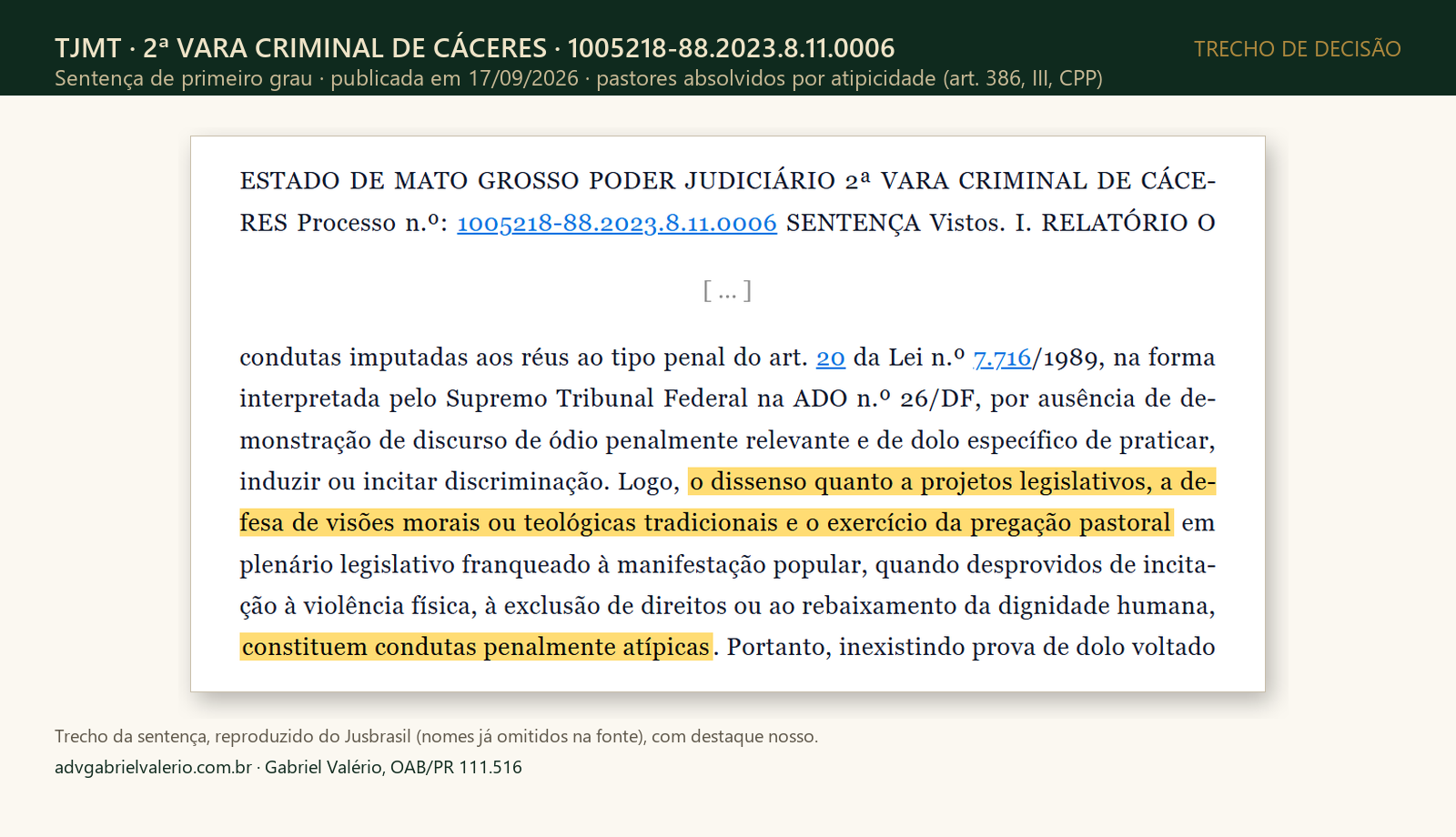Print da sentença da 2ª Vara Criminal de Cáceres, com destaque em: o exercício da pregação pastoral constitui conduta penalmente atípica