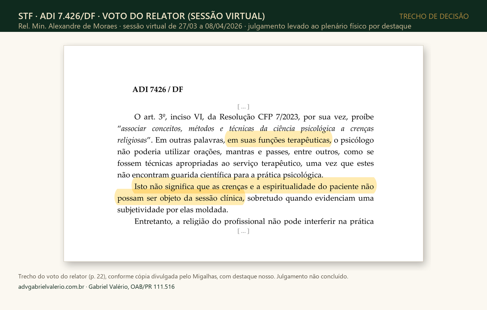 Print do voto do relator na ADI 7.426, com destaque em: em suas funções terapêuticas, e: as crenças e a espiritualidade do paciente podem ser objeto da sessão clínica