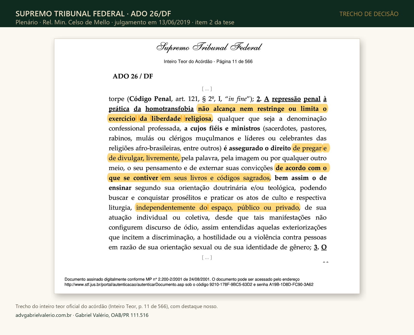 Print do inteiro teor oficial da ADO 26 do STF, página 11, com destaque no item 2 da tese que ressalva a liberdade religiosa de pregar segundo os livros sagrados