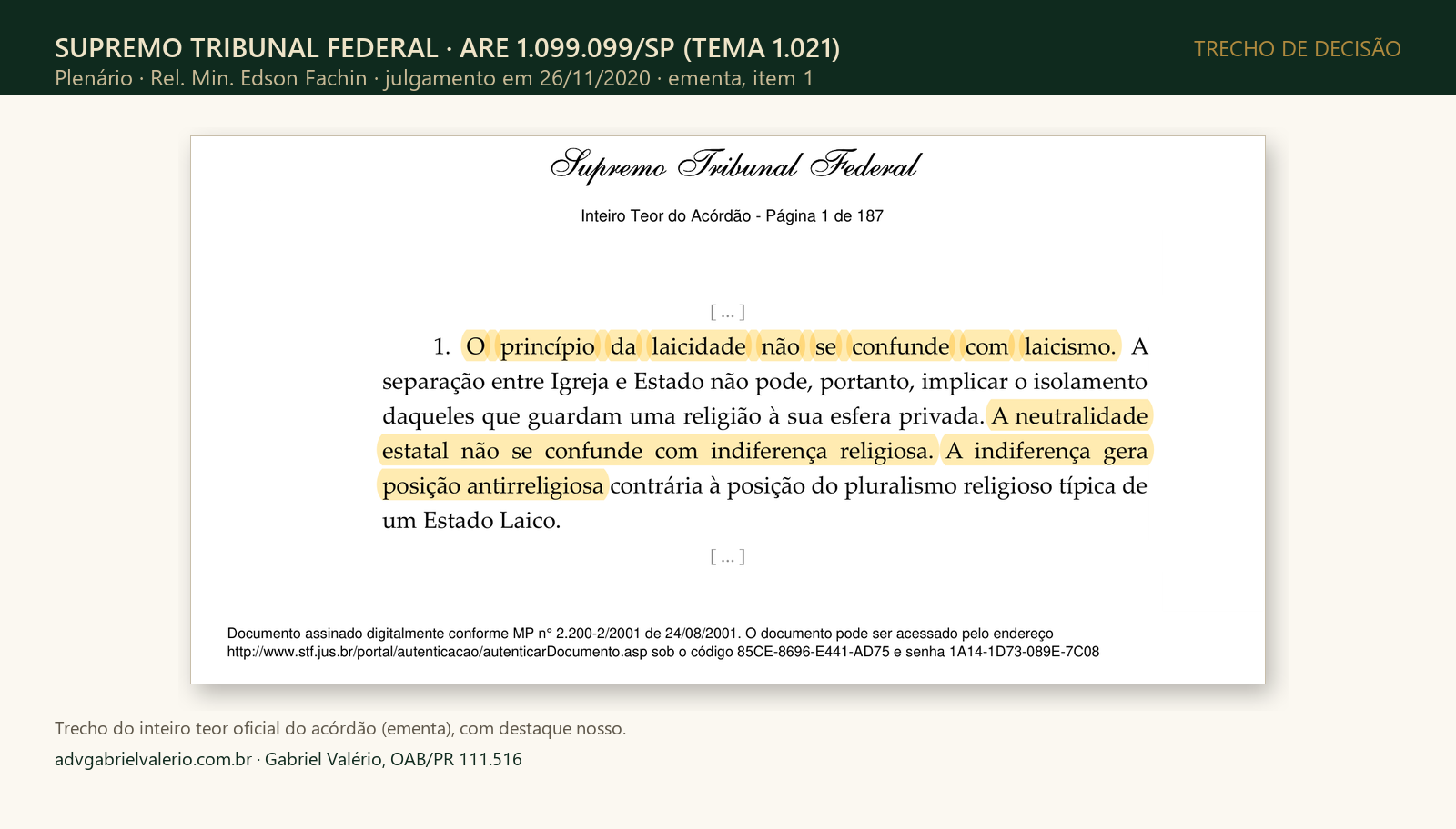 Print do inteiro teor oficial do ARE 1.099.099 do STF, ementa item 1, com destaque em: O princípio da laicidade não se confunde com laicismo