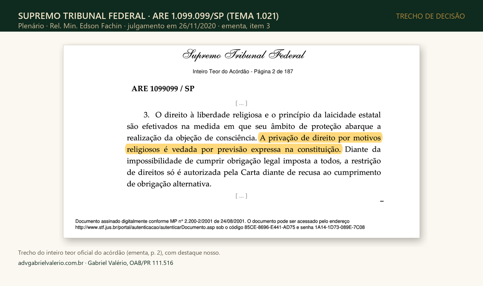 Print da ementa do ARE 1.099.099 do STF, item 3, com destaque em: a privação de direito por motivos religiosos é vedada por previsão expressa na Constituição