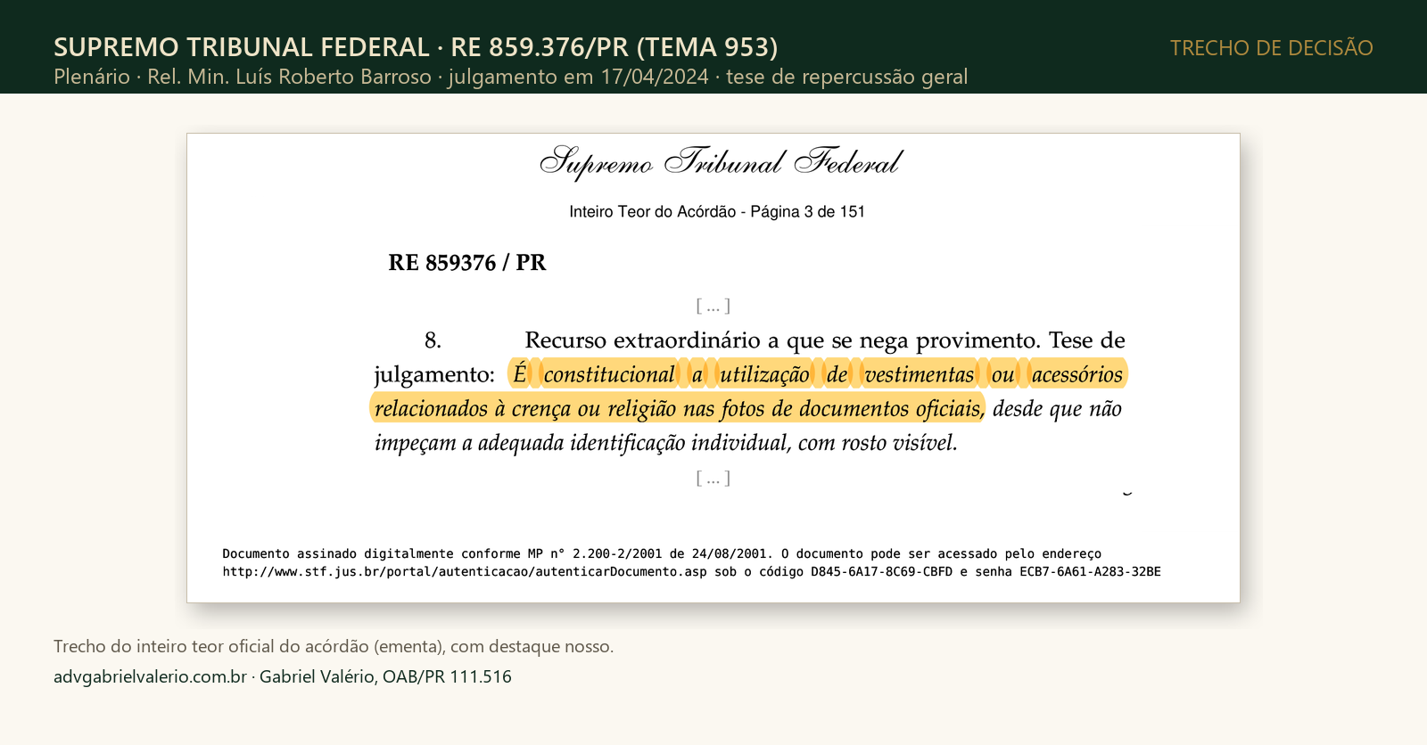 Print da ementa do RE 859.376 do STF, Tema 953, com destaque em: é constitucional a utilização de vestimentas ou acessórios relacionados à crença nas fotos de documentos oficiais