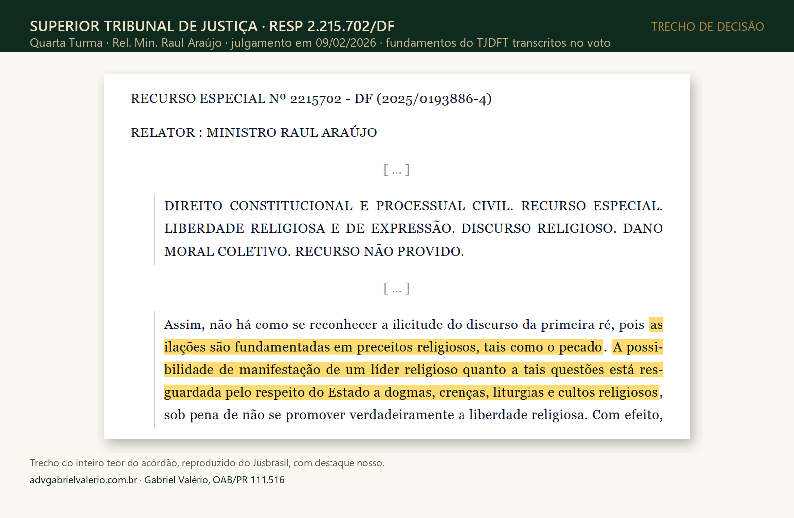 Print do inteiro teor do REsp 2.215.702/DF do STJ, com destaque em: as ilações são fundamentadas em preceitos religiosos, tais como o pecado