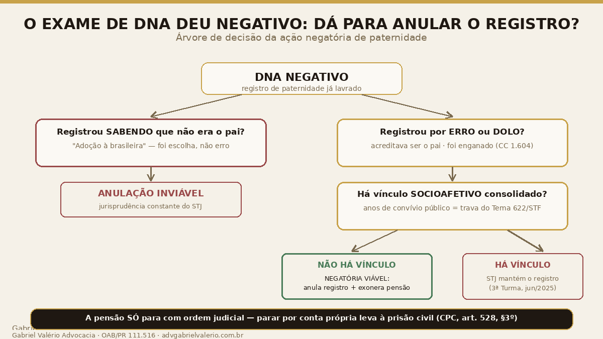 Árvore de decisão do exame de DNA negativo: se registrou sabendo que não era o pai, a adoção à brasileira impede a anulação; se registrou por erro ou dolo e não há vínculo socioafetivo consolidado, cabe ação negatória de paternidade com anulação do registro e exoneração da pensão