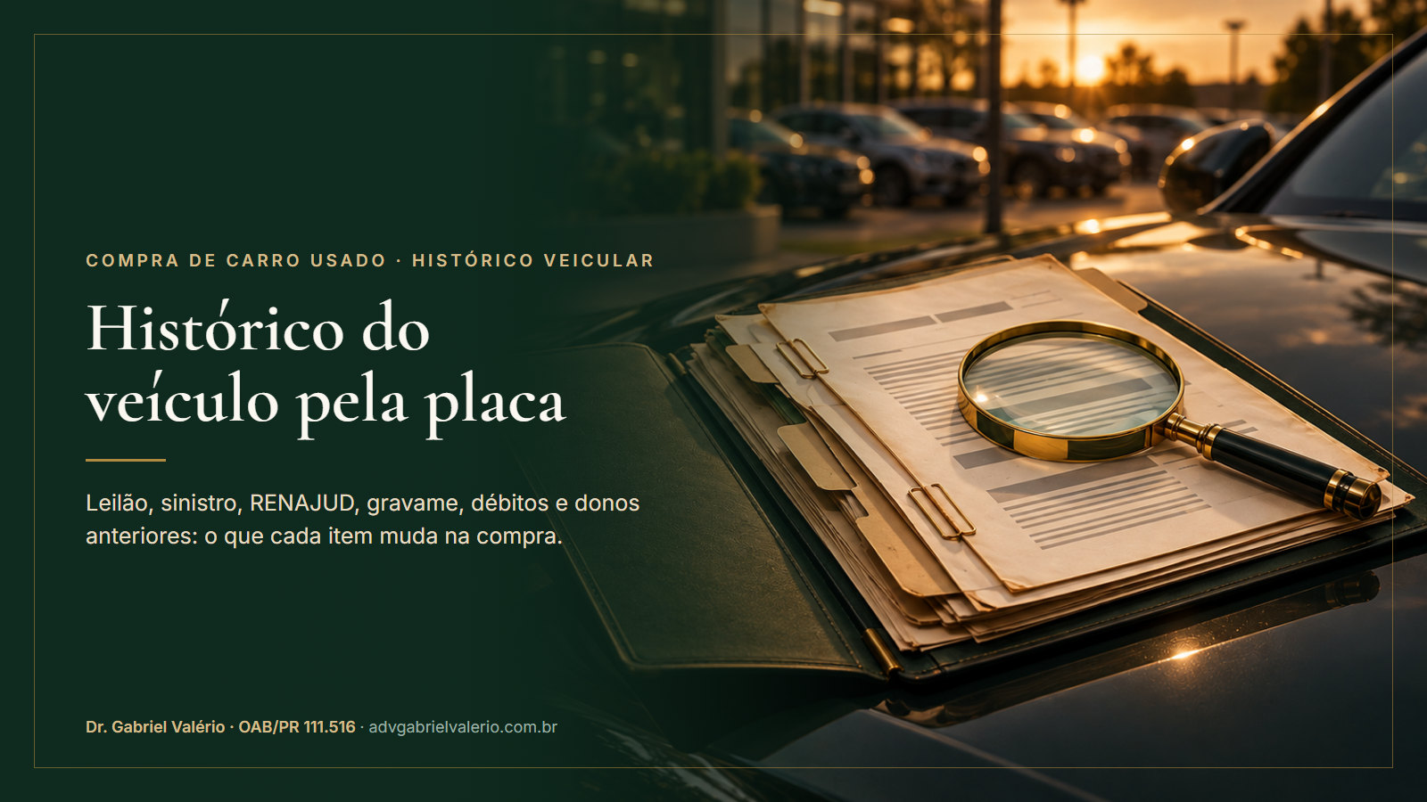 Pasta de arquivo aberta sobre o capô de um carro usado, com documentos antigos e uma lupa de latão sobre a ficha mais recente. Histórico do veículo pela placa: o que conferir antes de comprar um carro usado