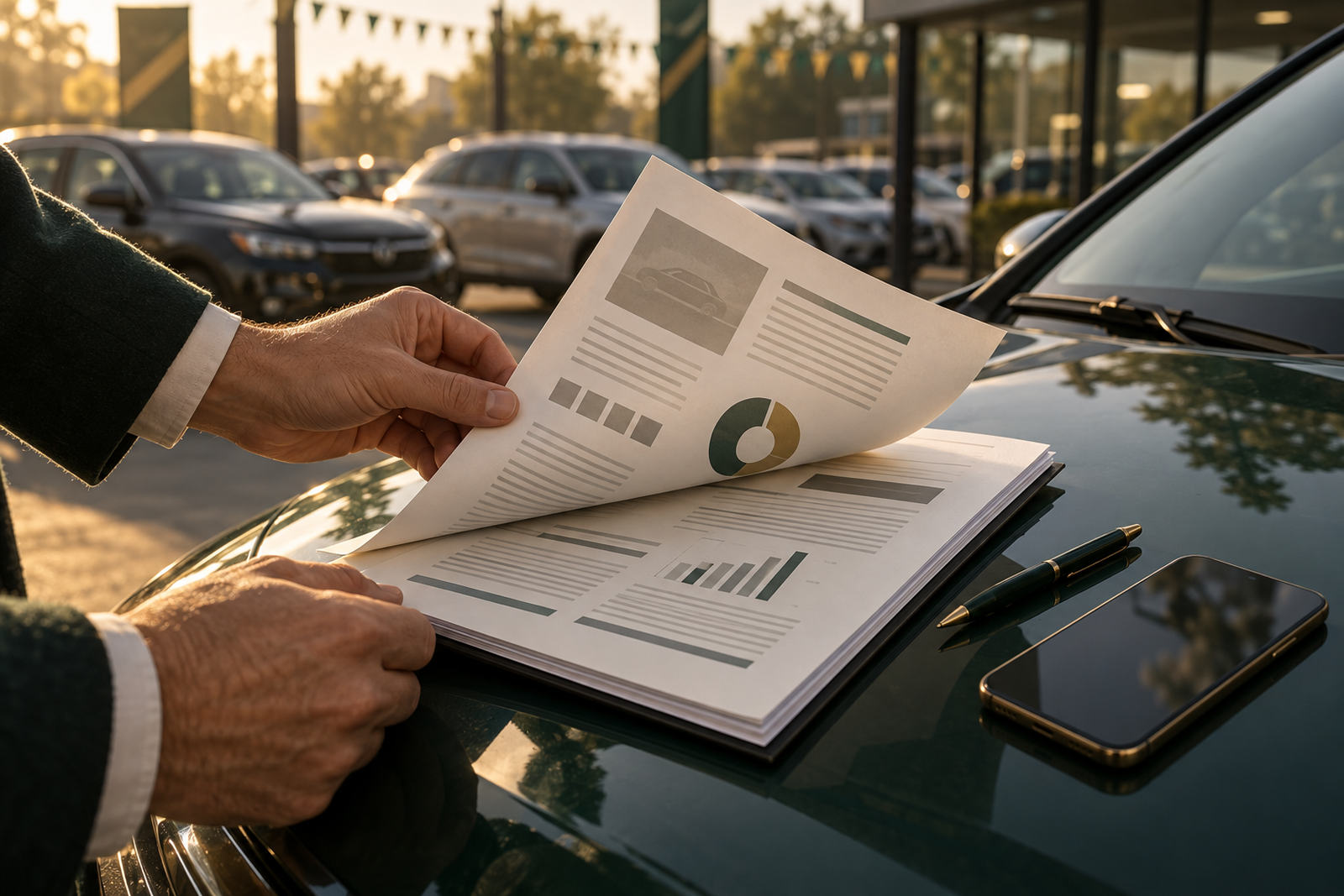 Mãos folheando um relatório impresso apoiado no capô de um carro num pátio de loja de usados