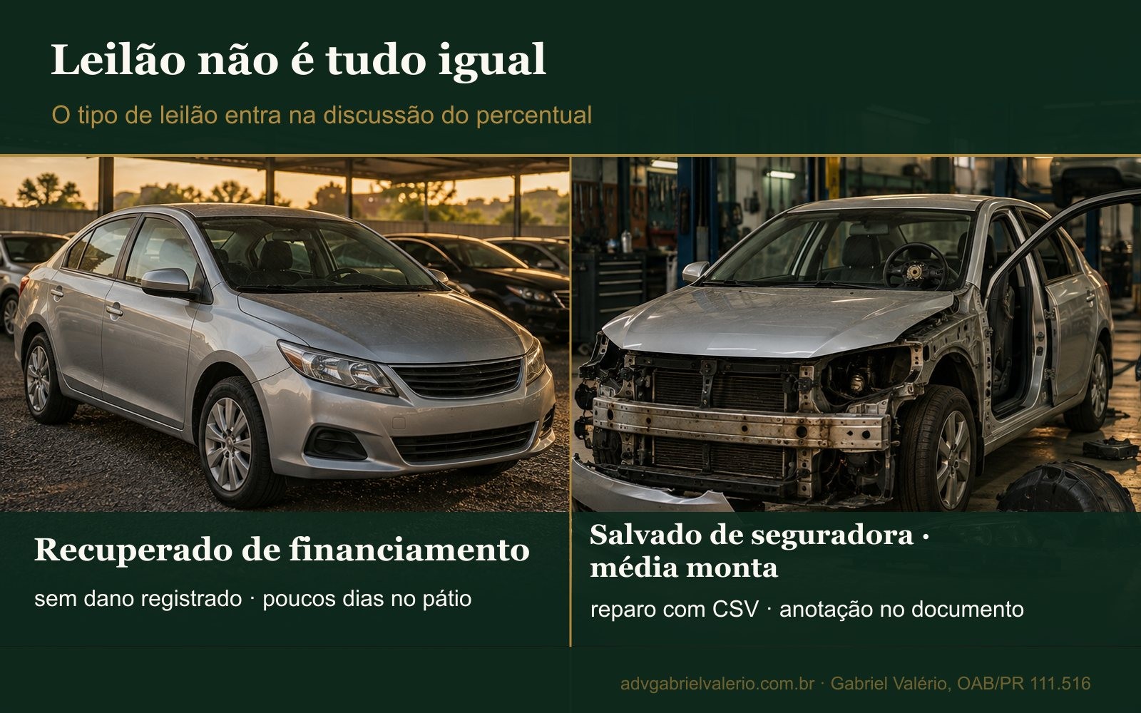 Comparação entre um sedã recuperado de financiamento, inteiro e sem dano, e o mesmo tipo de sedã salvado de seguradora com média monta, com a frente desmontada e solda na longarina