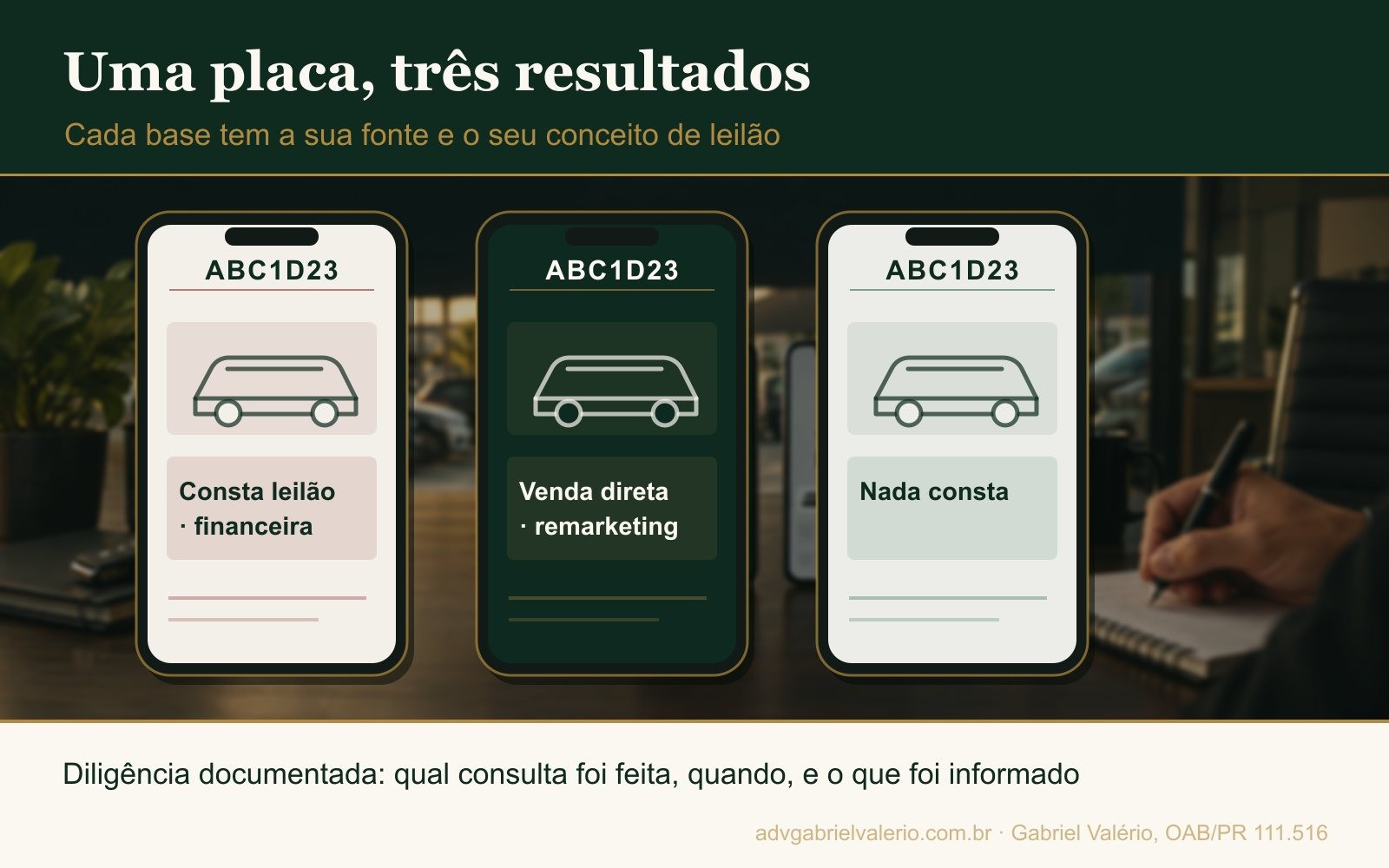 Três celulares com a mesma placa fictícia em consultas diferentes: consta leilão de financeira, venda direta ou remarketing, e nada consta