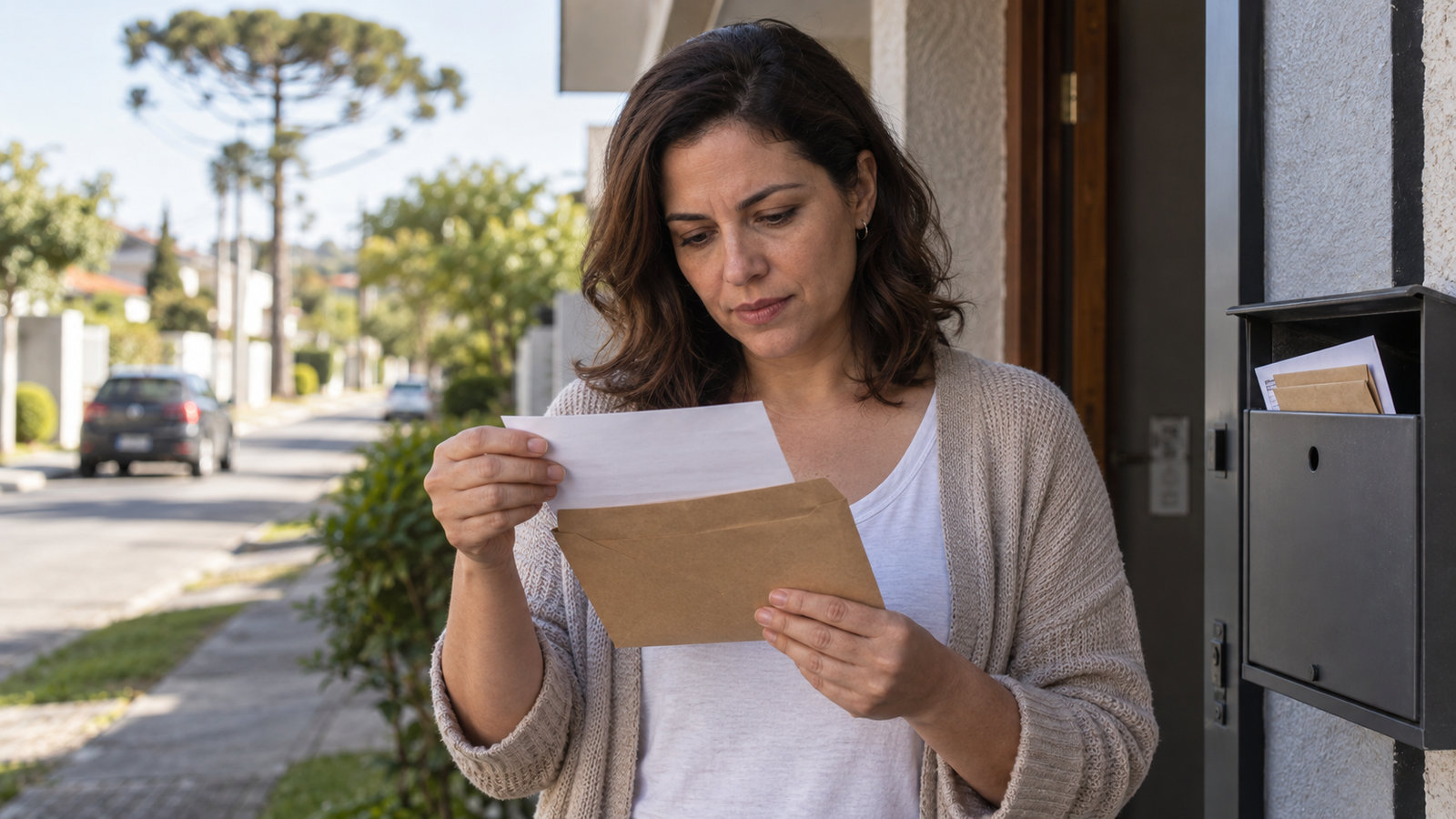 Mulher abrindo envelope de notificação na porta de casa