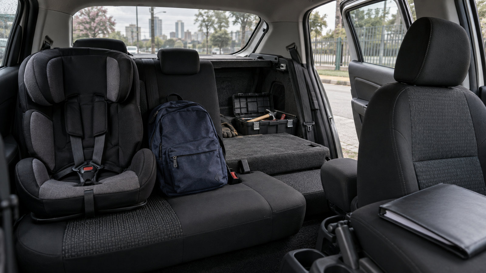 Interior de carro com cadeirinha infantil, mochila e caixa de ferramentas