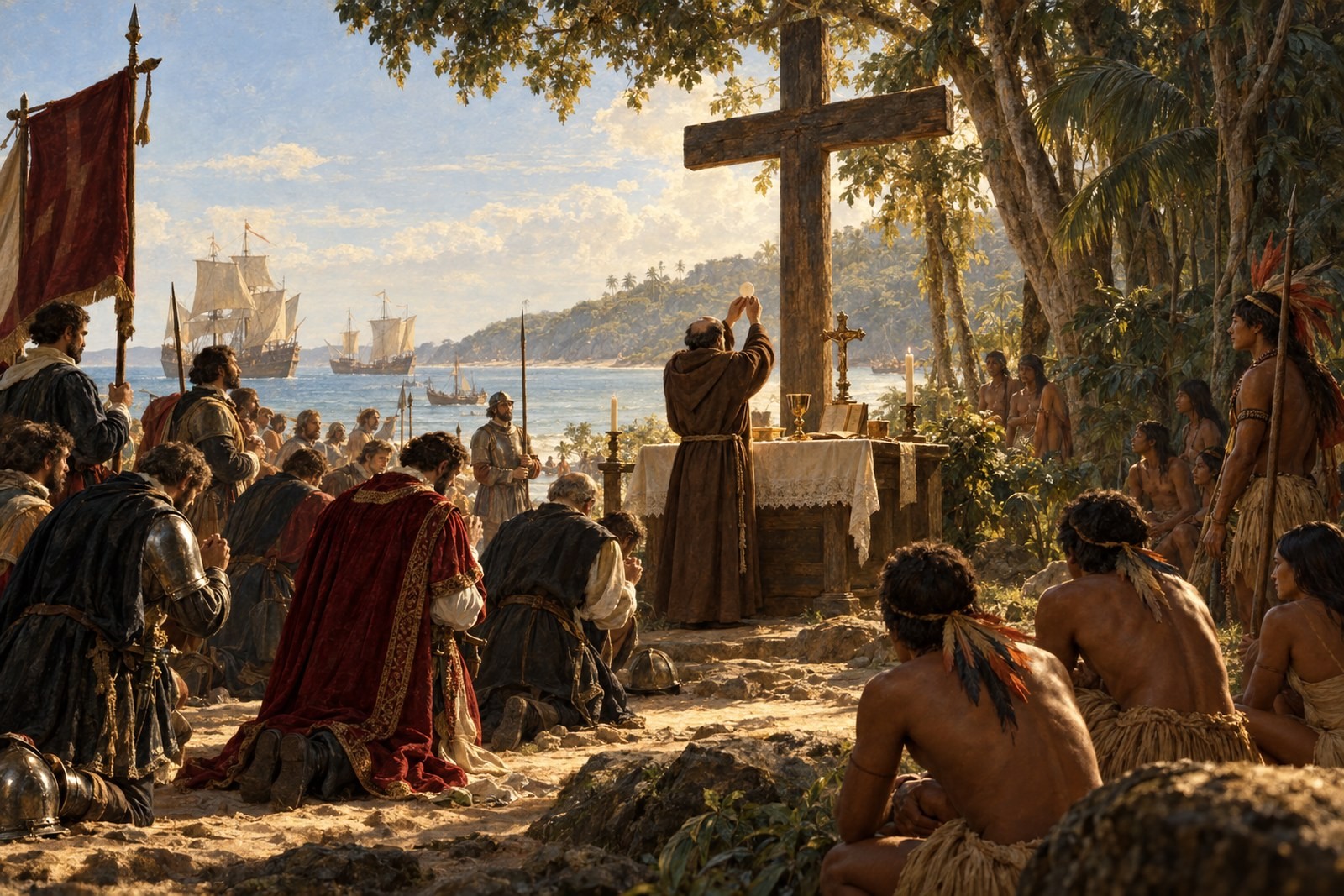 Pintura da missa celebrada por um frade franciscano ao pé de uma grande cruz junto à praia, com portugueses ajoelhados, indígenas observando e caravelas ao fundo