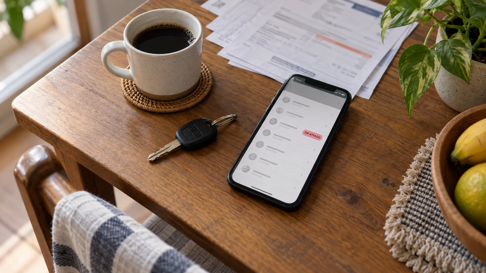 Celular com parcela do financiamento em atraso ao lado da chave do carro