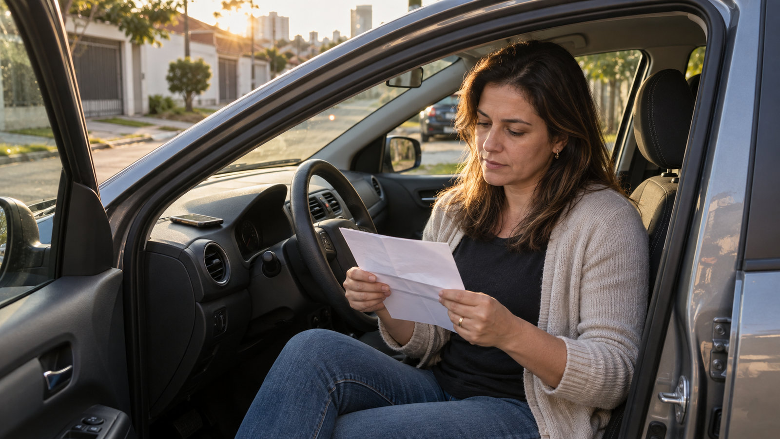 Mulher sentada no carro lendo uma carta de notificação do financiamento