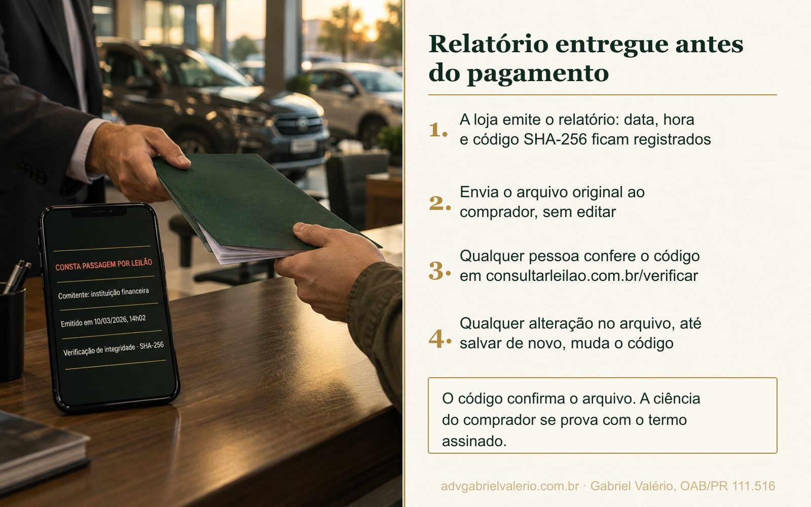 Vendedor entrega ao cliente um relatório de histórico de leilão impresso, com o celular mostrando passagem por leilão, comitente instituição financeira e verificação de integridade SHA-256, ao lado dos quatro passos da entrega do arquivo original