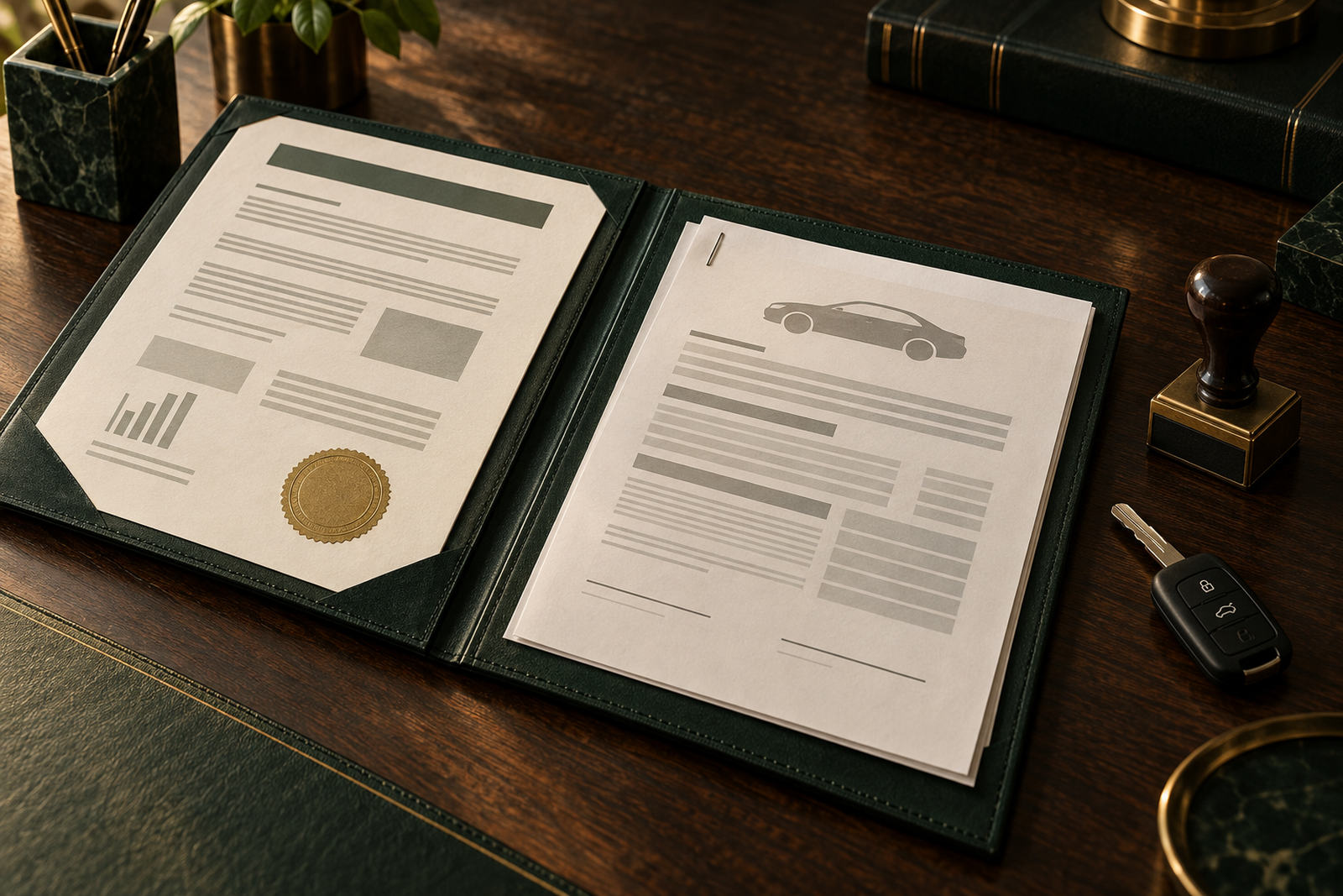 Pasta aberta com relatório impresso de selo dourado e contrato de compra e venda, ao lado da chave do carro