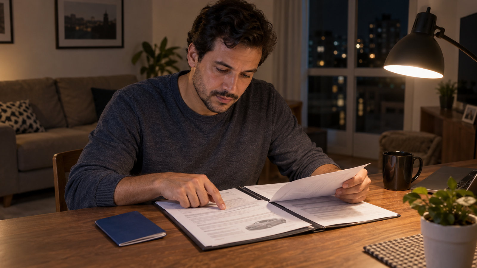 Homem à noite procurando o seguro prestamista no contrato do financiamento