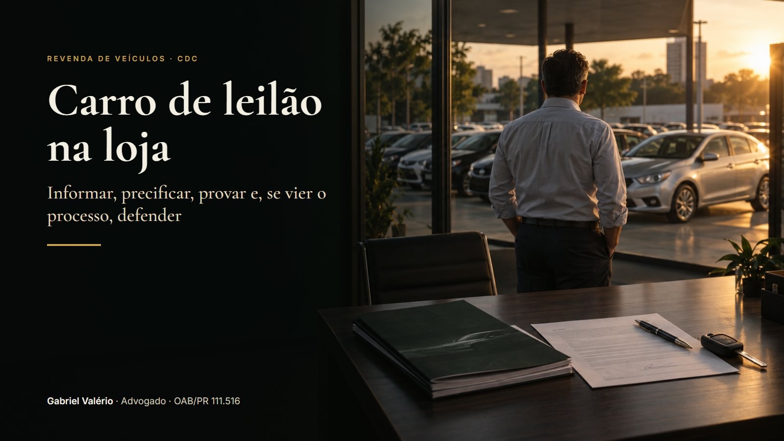 Capa: dono de loja de carros usados olha o pátio ao entardecer, com relatório e termo assinado sobre a mesa, e o título Carro de leilão na loja